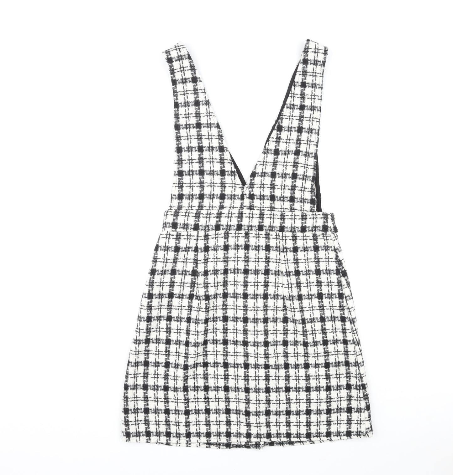 New Look Womens Black Check Polyester Pinafore/Dungaree Dress Size 8 V-Neck Zip