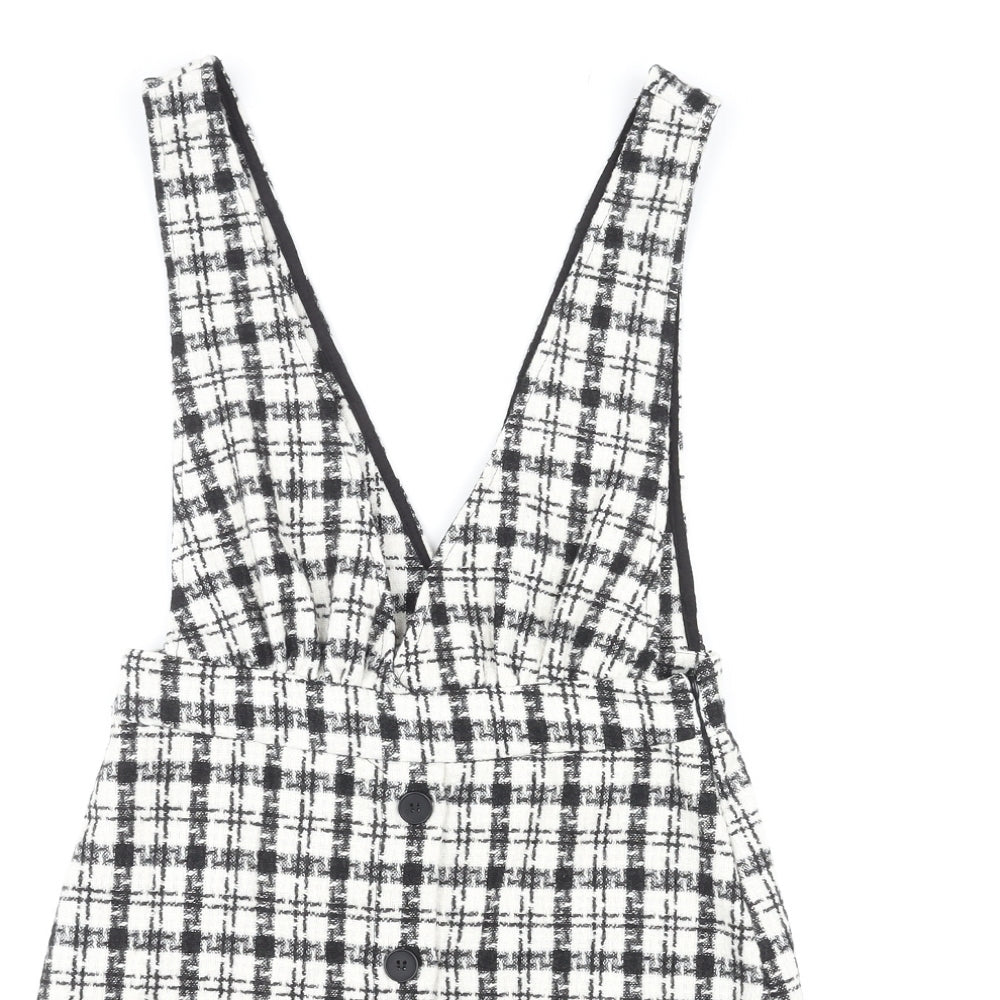 New Look Womens Black Check Polyester Pinafore/Dungaree Dress Size 8 V-Neck Zip