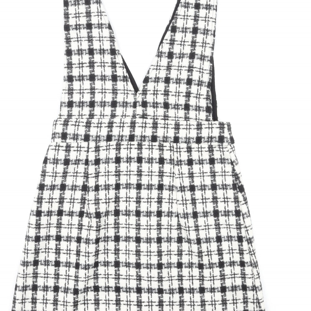 New Look Womens Black Check Polyester Pinafore/Dungaree Dress Size 8 V-Neck Zip