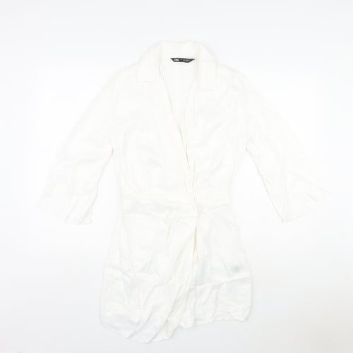 Zara Womens White Viscose A-Line Size S V-Neck Button