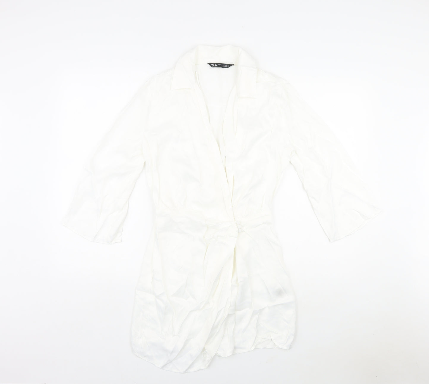 Zara Womens White Viscose A-Line Size S V-Neck Button