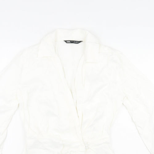 Zara Womens White Viscose A-Line Size S V-Neck Button