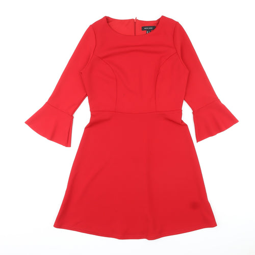 New Look Womens Red Polyester Skater Dress Size 8 Round Neck Zip