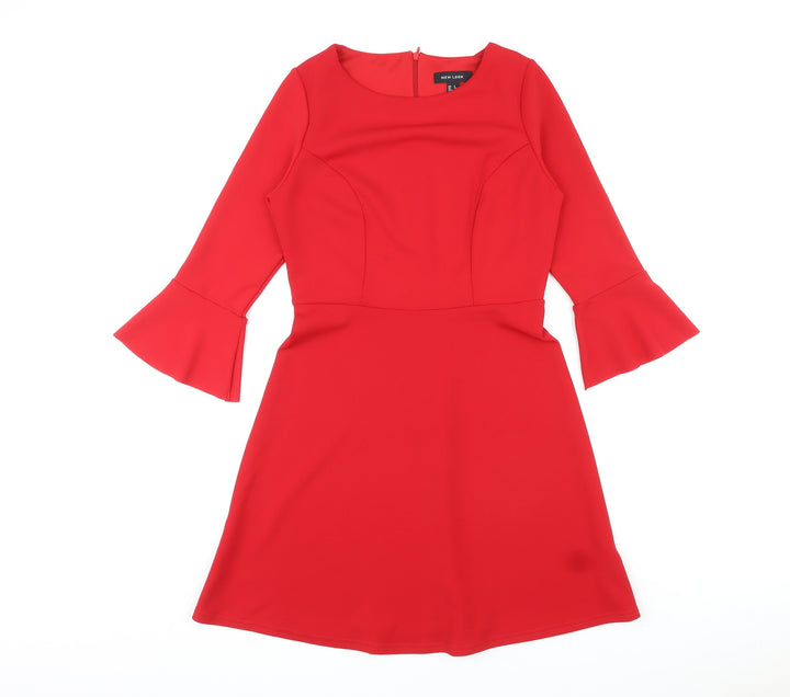 New Look Womens Red Polyester Skater Dress Size 8 Round Neck Zip