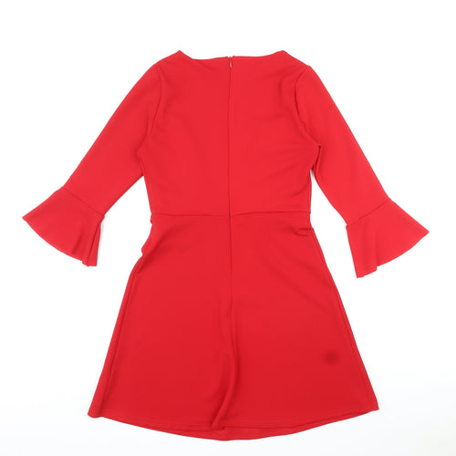 New Look Womens Red Polyester Skater Dress Size 8 Round Neck Zip