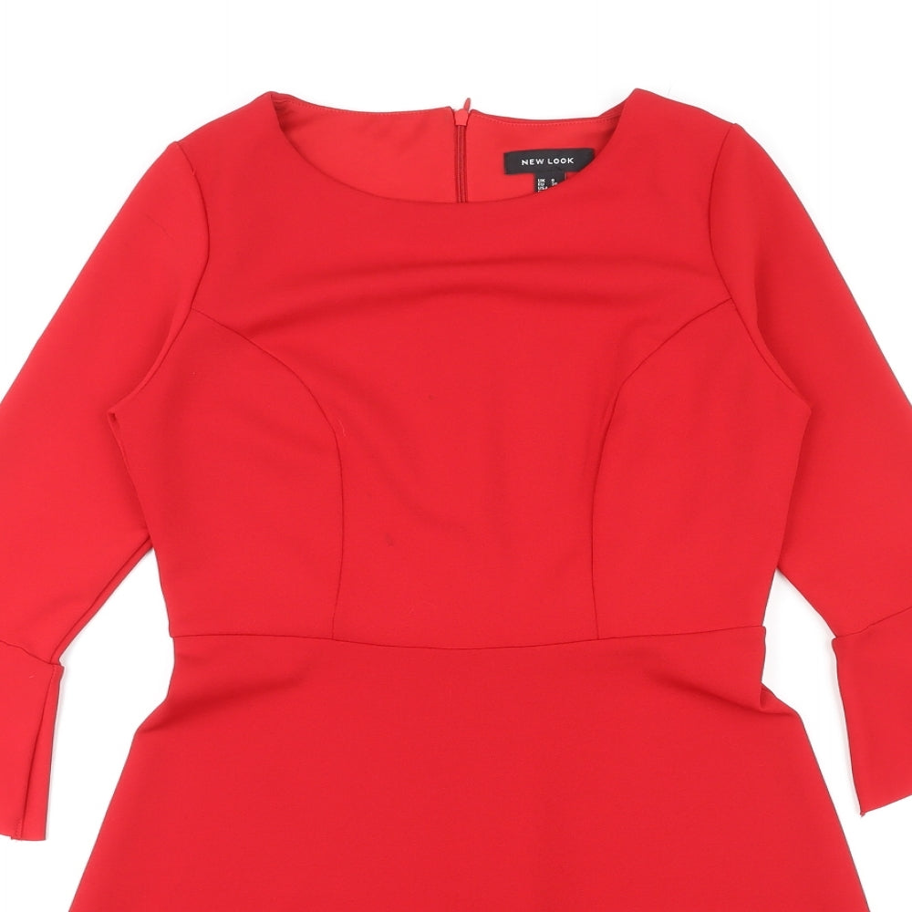 New Look Womens Red Polyester Skater Dress Size 8 Round Neck Zip