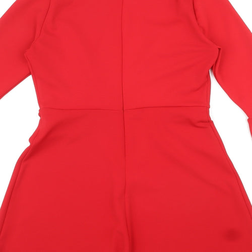 New Look Womens Red Polyester Skater Dress Size 8 Round Neck Zip