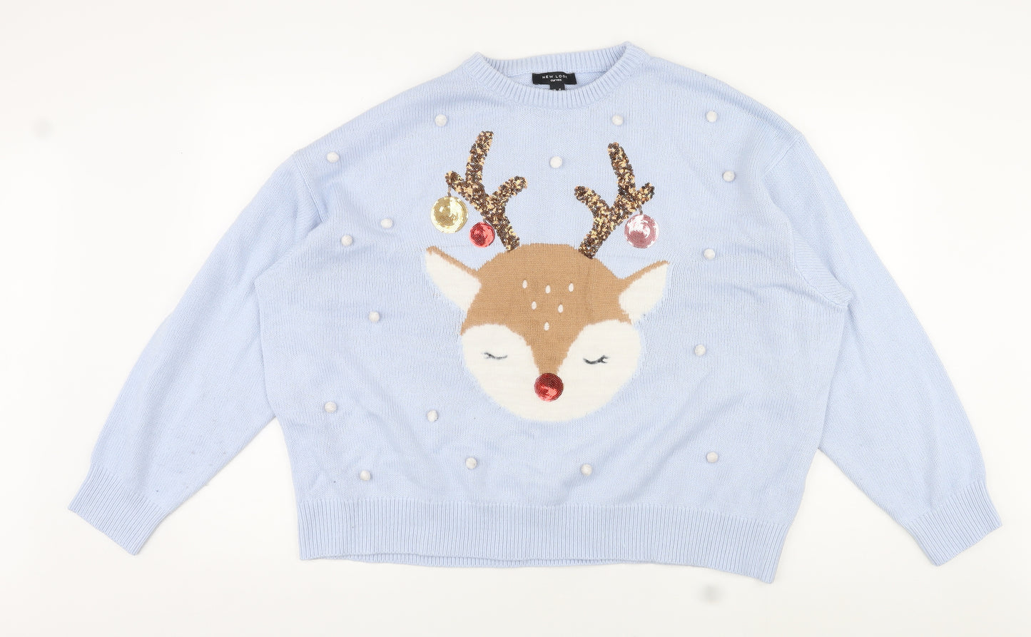New Look Womens Blue Round Neck Acrylic Pullover Jumper Size M - Sequin Design, Reindeer