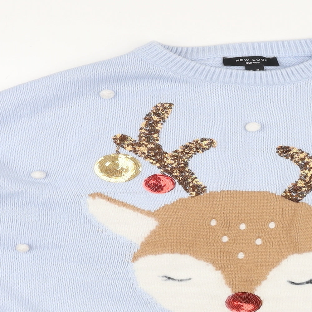 New Look Womens Blue Round Neck Acrylic Pullover Jumper Size M - Sequin Design, Reindeer