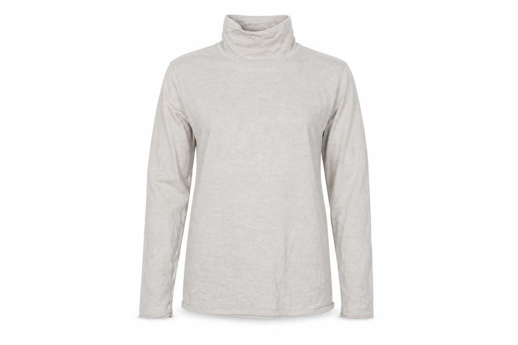 Front view of Marks & Spencer women’s beige high neck cotton jumper, size UK 12