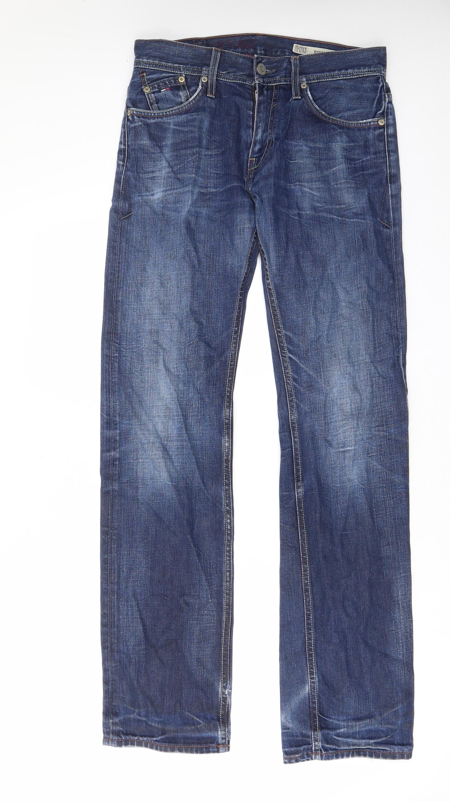 Tommy Hilfiger Mens Blue Cotton Straight Jeans Size 30 in L34 in Regular Zip - Logo, Embroided, Pockets, Belt Loops