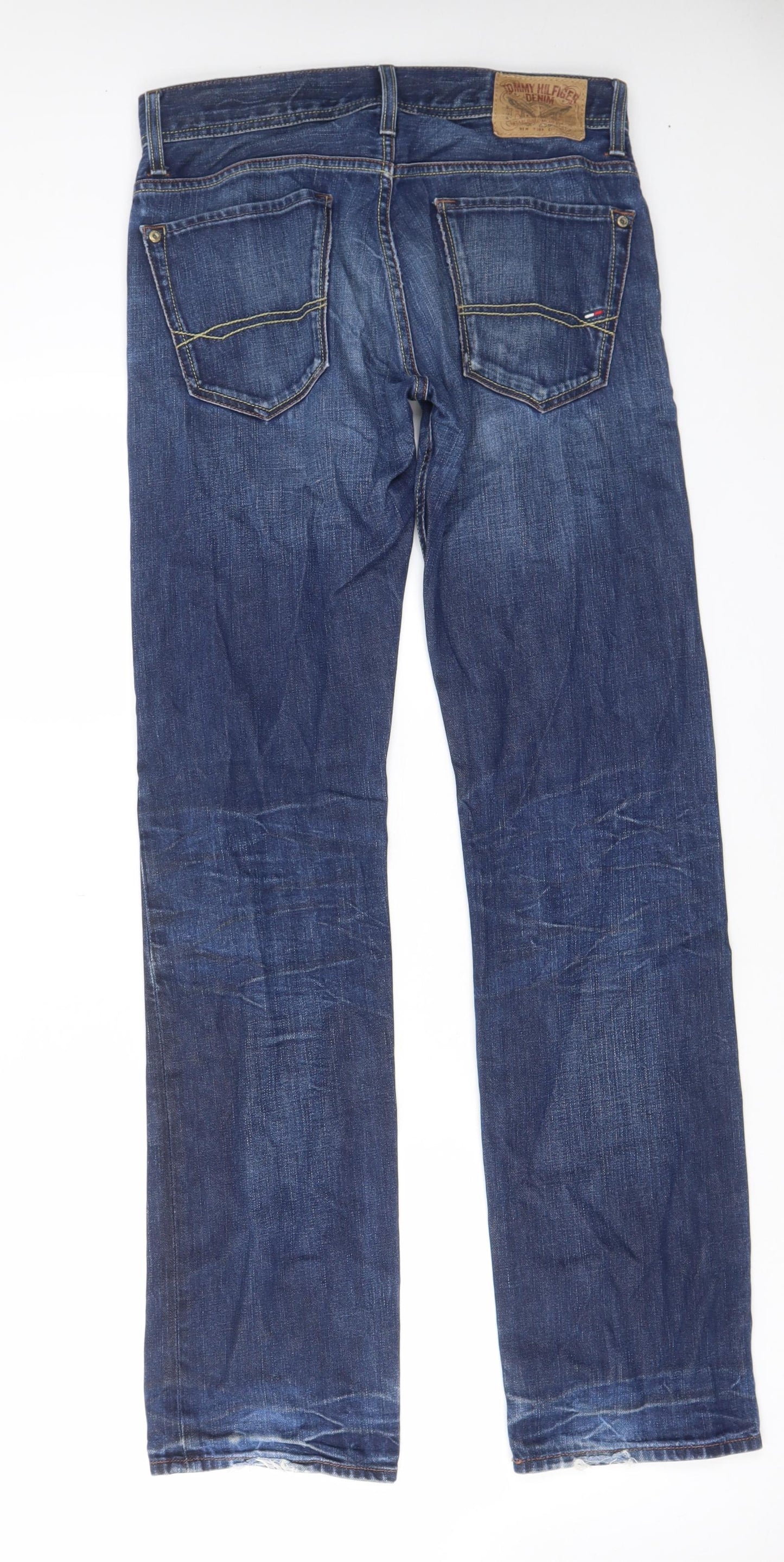 Tommy Hilfiger Mens Blue Cotton Straight Jeans Size 30 in L34 in Regular Zip - Logo, Embroided, Pockets, Belt Loops