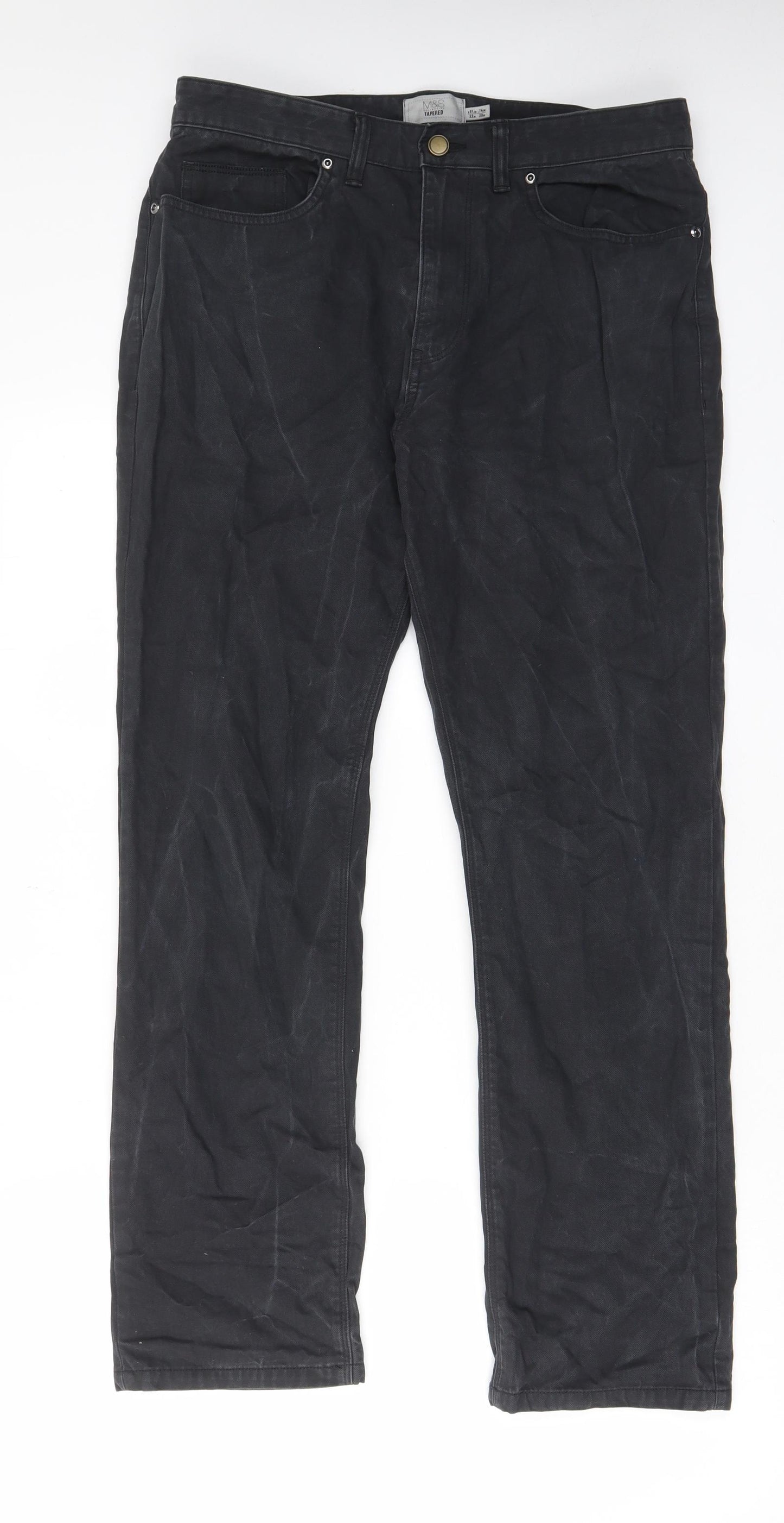 Marks and Spencer Mens Black Cotton Trousers Size 32 in L29 in Regular Zip - Pockets, Belt Loops