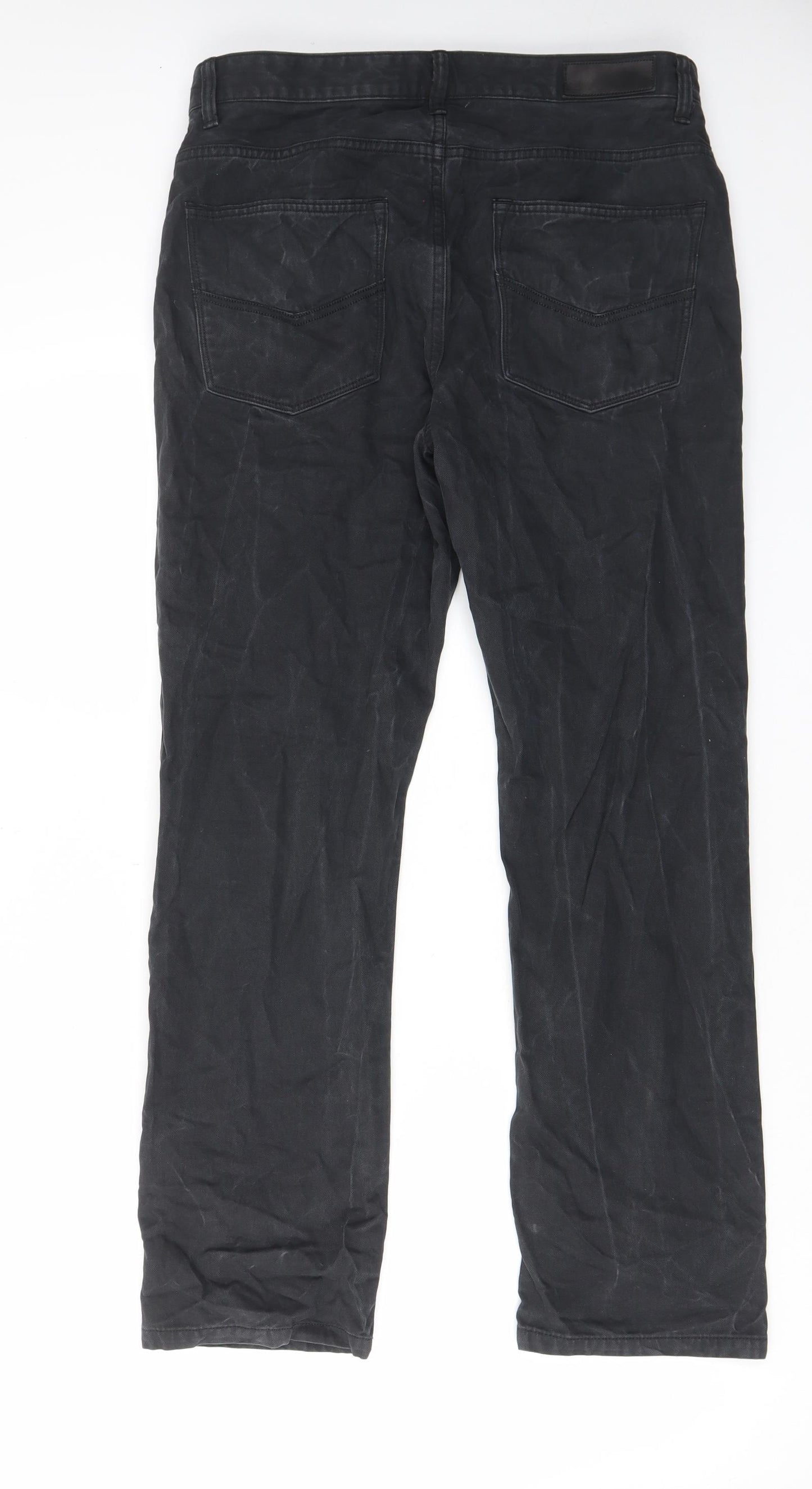 Marks and Spencer Mens Black Cotton Trousers Size 32 in L29 in Regular Zip - Pockets, Belt Loops