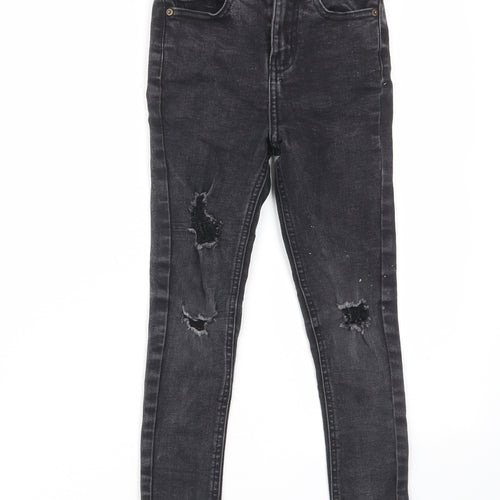 George Girls Grey Cotton Skinny Jeans Size 6-7 Years Regular Zip - Distressed, Pockets, Belt Loops