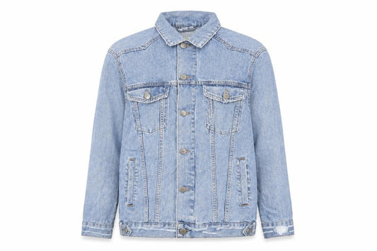 Front view of ASOS women’s blue jacket, size UK 6, button - oversized, pockets