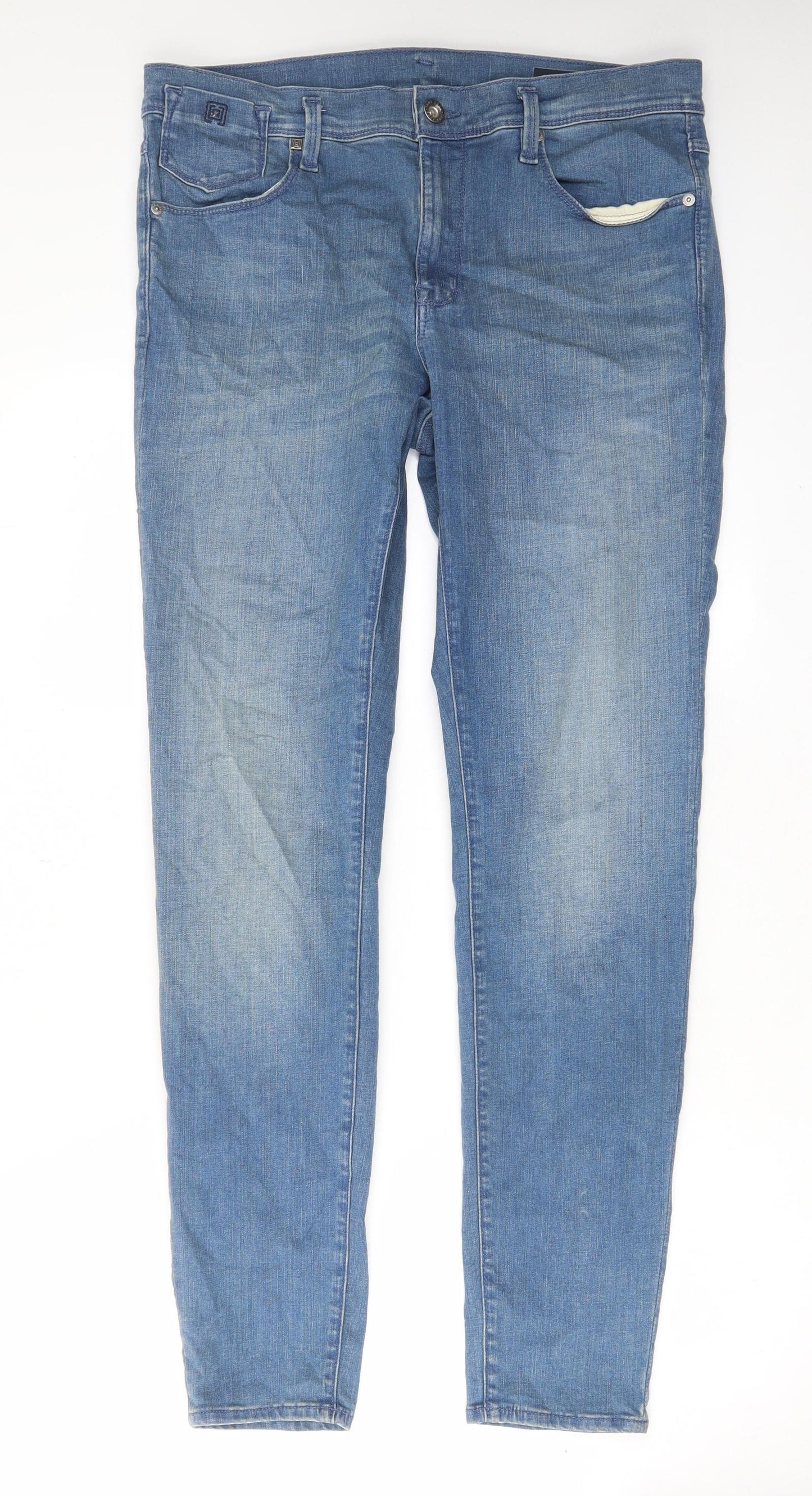 Freesoul Mens Blue Cotton Straight Jeans Size 32 in L30 in Regular Zip - Pockets, Belt Loops, Embroided, Logo
