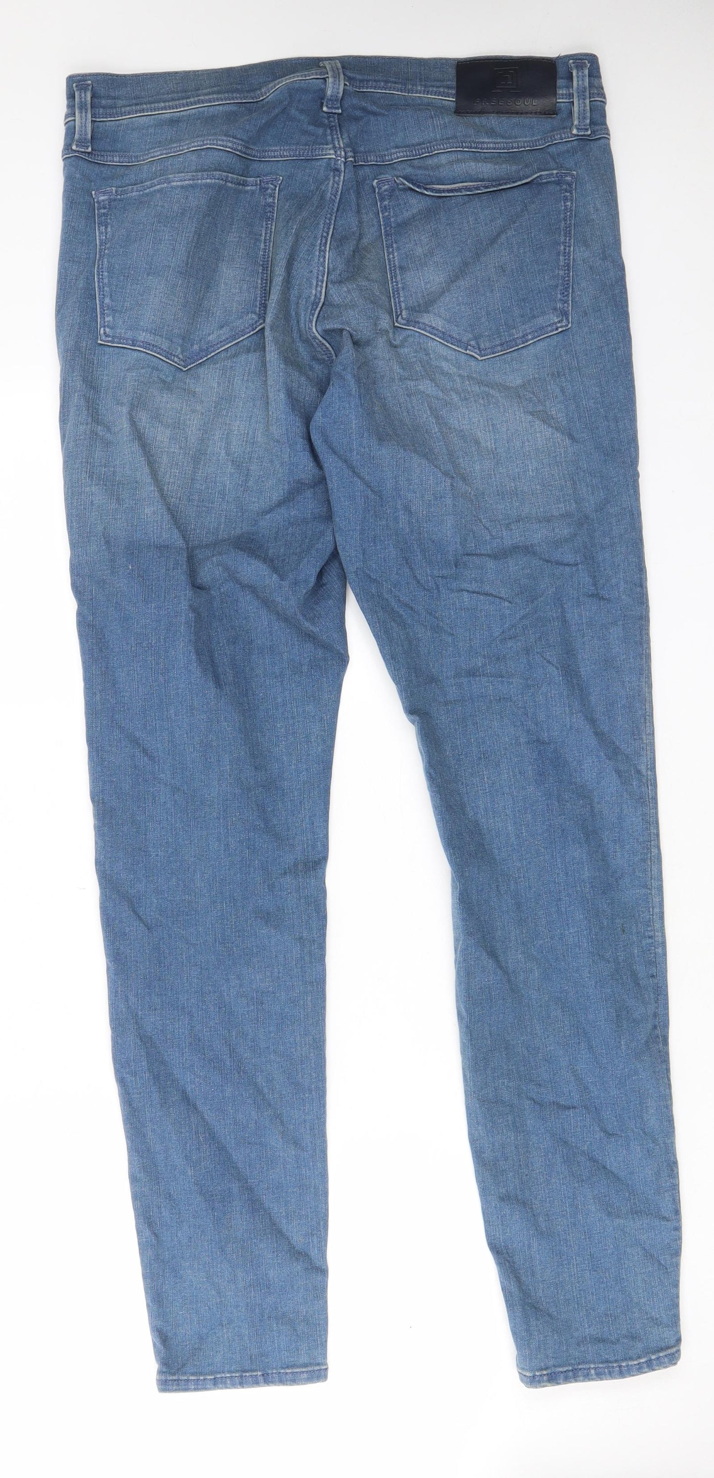 Freesoul Mens Blue Cotton Straight Jeans Size 32 in L30 in Regular Zip - Pockets, Belt Loops, Embroided, Logo