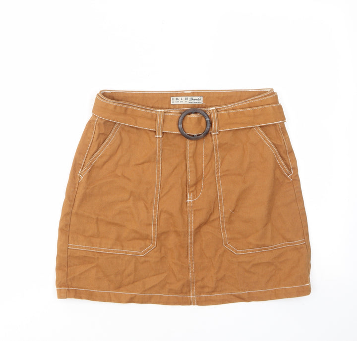 Denim & Co. Womens Brown Cotton A-Line Skirt Size 8 Zip - Pockets, Belted