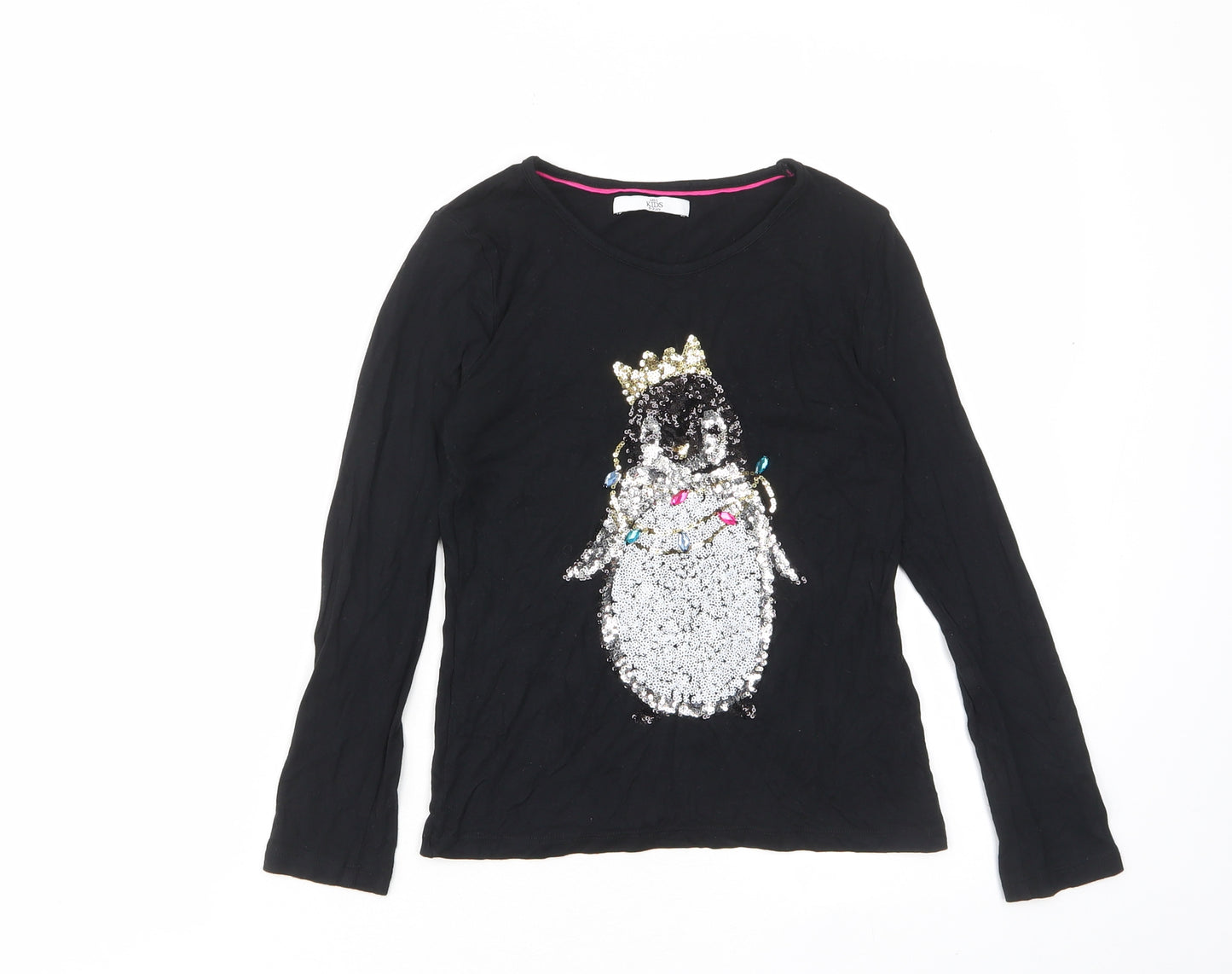 Marks and Spencer Girls Black Viscose Basic T-Shirt Size 9-10 Years Crew Neck Pullover - Penguin, Sequins