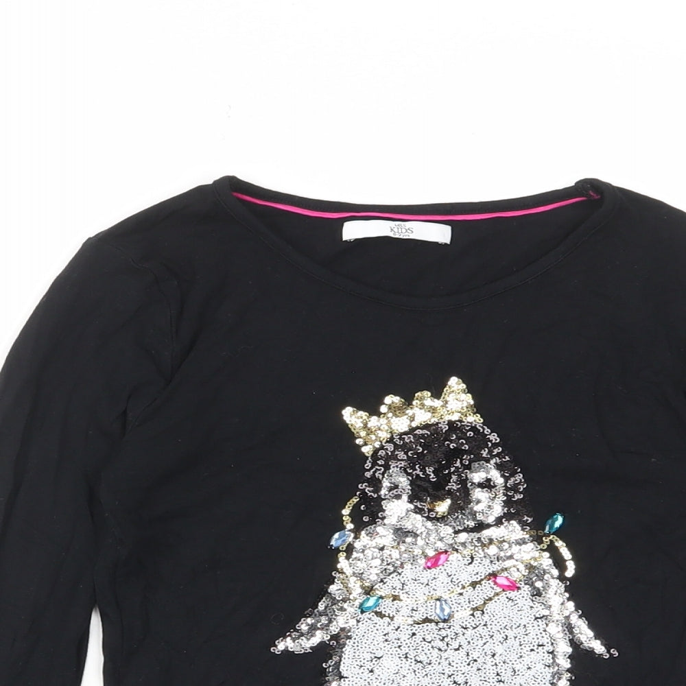 Marks and Spencer Girls Black Viscose Basic T-Shirt Size 9-10 Years Crew Neck Pullover - Penguin, Sequins