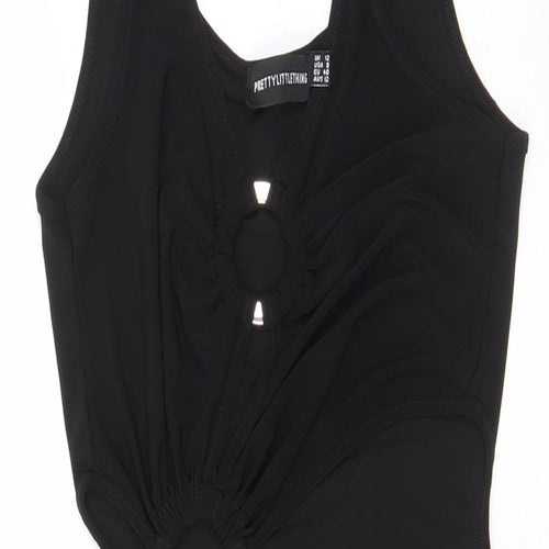 PRETTYLITTLETHING Womens Black Polyester Bodycon Size 12 V-Neck Pullover - Cut out, Side slit