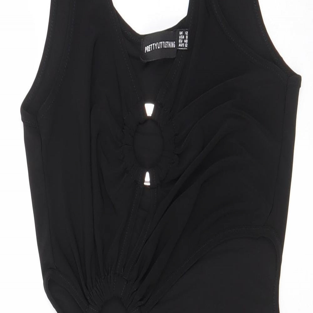 PRETTYLITTLETHING Womens Black Polyester Bodycon Size 12 V-Neck Pullover - Cut out, Side slit