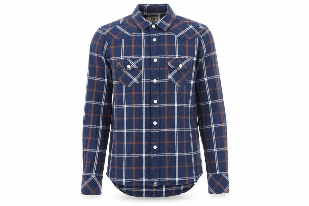 Front view of Duke London men’s blue plaid cotton button-up, size S, collared button - pockets, buttons