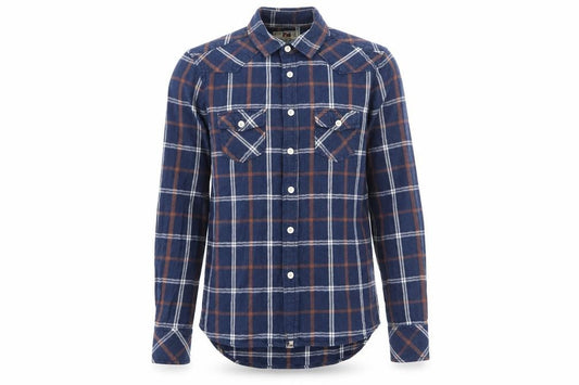Front view of Duke London men’s blue plaid cotton button-up, size S, collared button - pockets, buttons