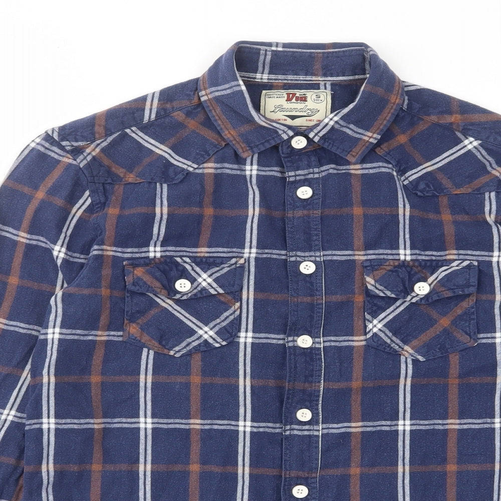 Duke London Mens Blue Plaid Cotton Button-Up Size S Collared Button - Pockets, Buttons