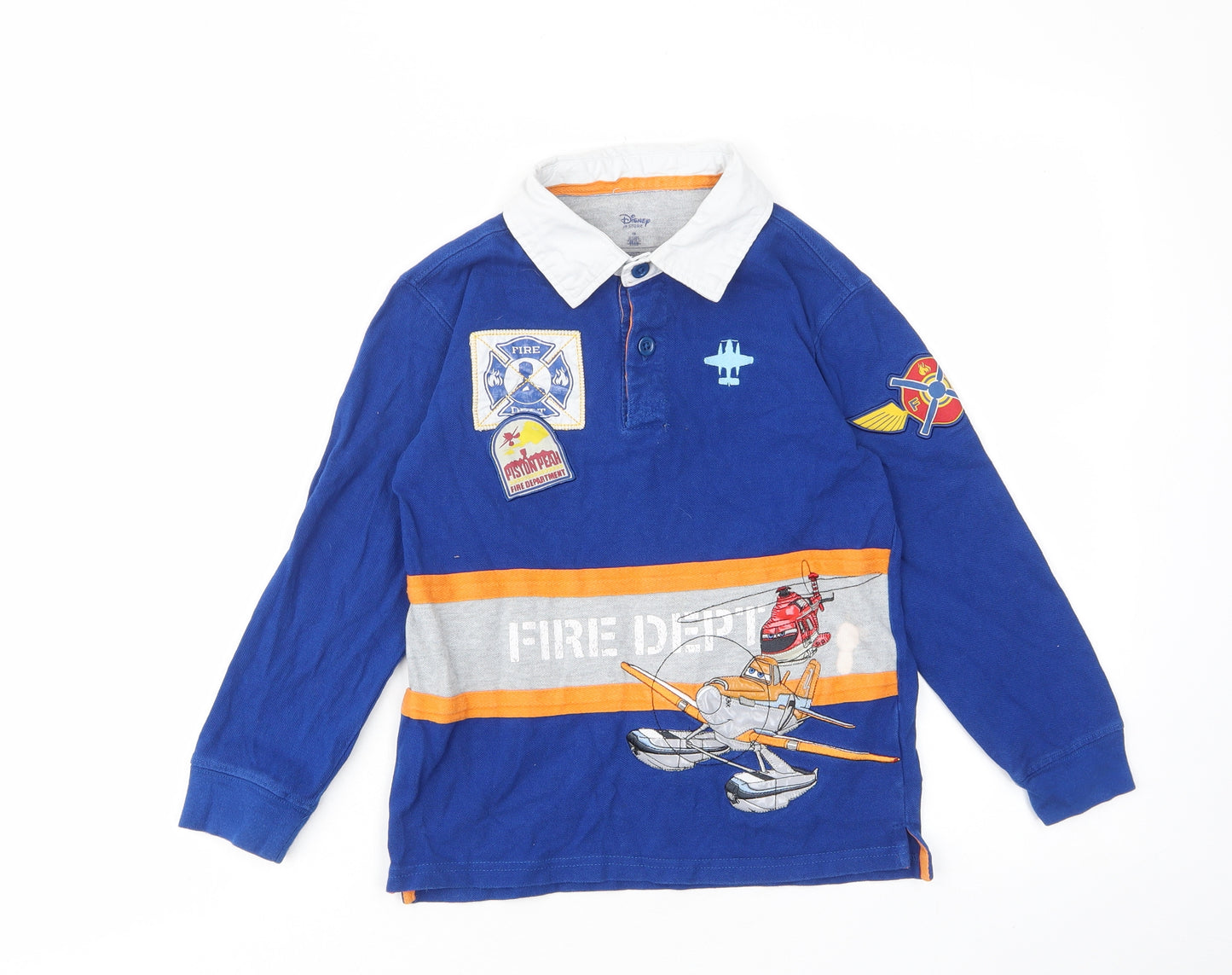 Disney Boys Blue Cotton Basic Polo Size 7-8 Years Collared Button - Cars, Embroided, Fire dept
