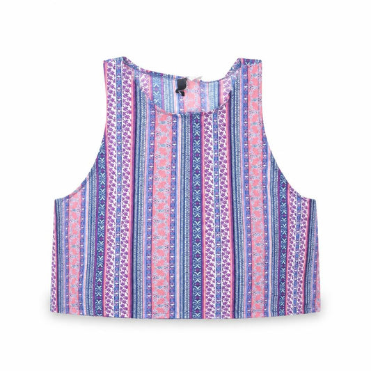 Front view of H&M women’s multicoloured geometric polyester cropped tank, size M, crew neck