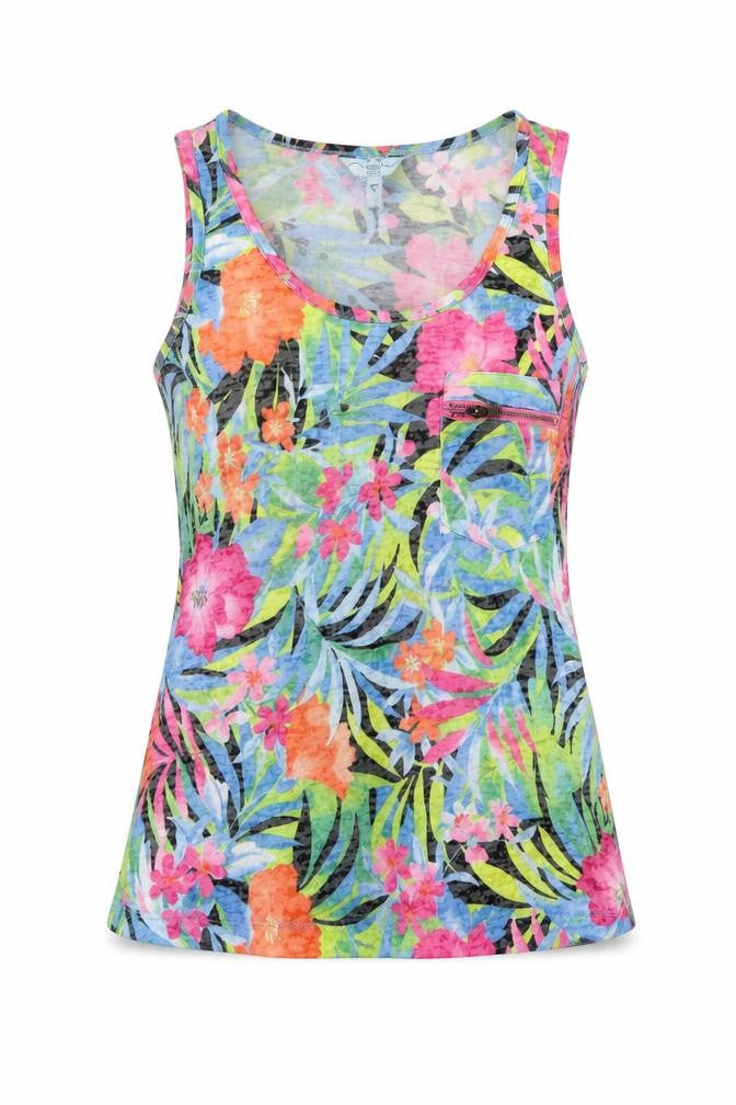 Front view of New London women’s multicoloured geometric polyester basic tank, size UK 8, scoop neck - pocket, zip
