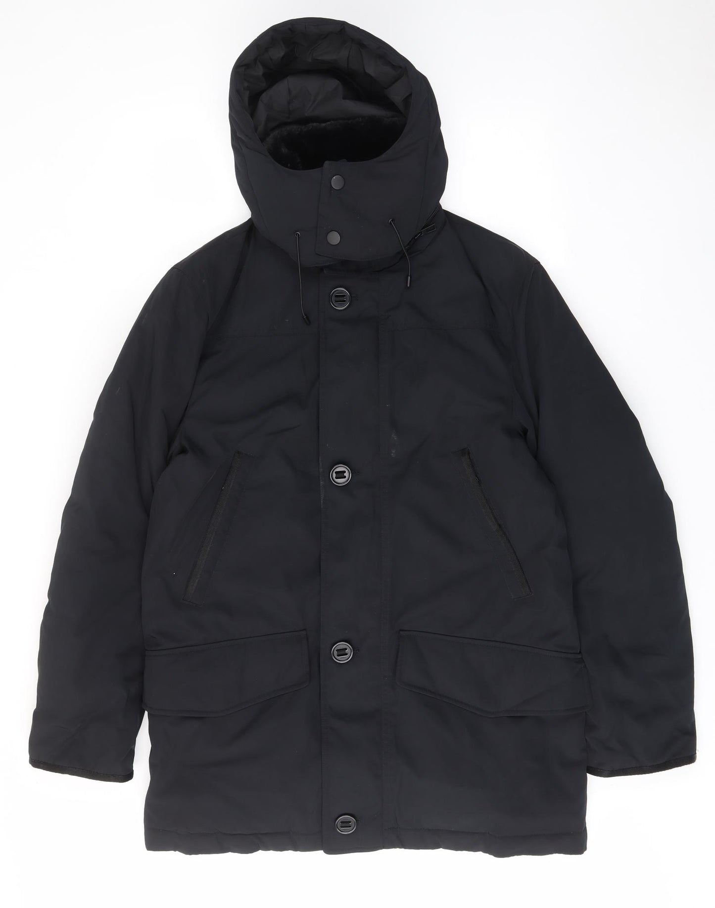 Marks and Spencer Mens Black Quilted Coat Size S Zip - Buckle, Pockets, Lined