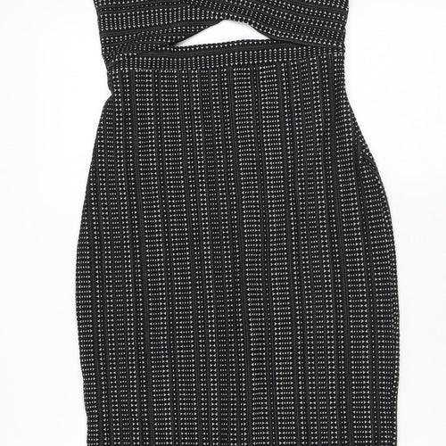 Ecote Womens Black Geometric Cotton Bodycon Size S V-Neck Zip - Cutout