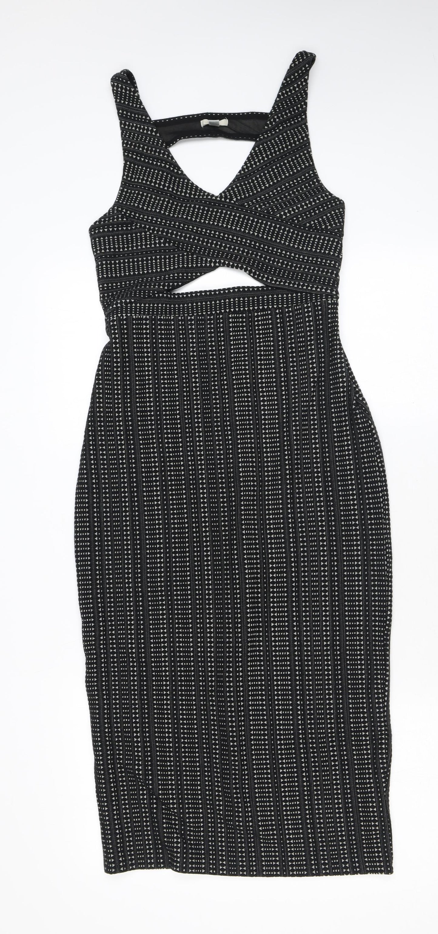 Ecote Womens Black Geometric Cotton Bodycon Size S V-Neck Zip - Cutout