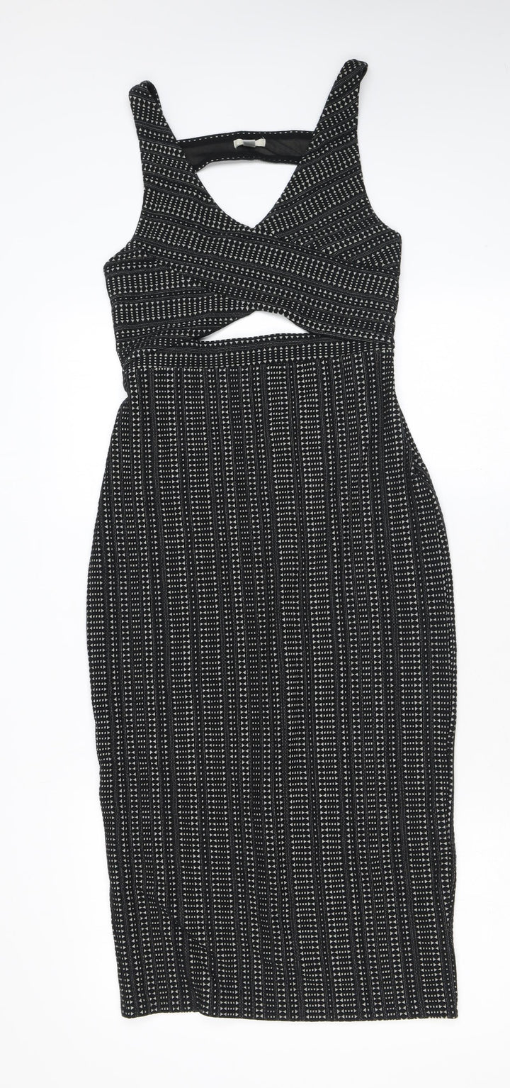 Ecote Womens Black Geometric Cotton Bodycon Size S V-Neck Zip - Cutout
