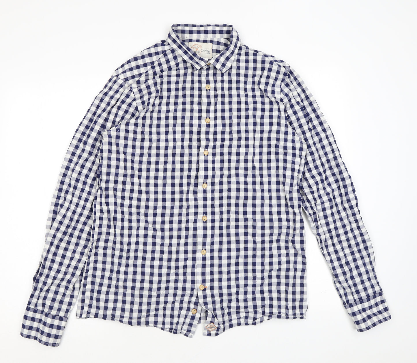 Simon Carter Mens Blue Check Cotton Button-Up Size L Collared Button