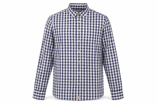 Front view of Simon Carter men’s blue check cotton button-up, size L, collared button