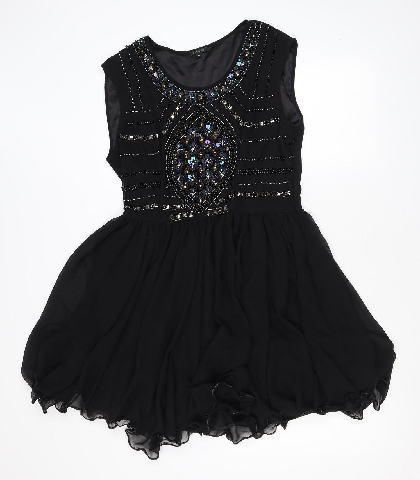River Island Womens Black Geometric Polyester Skater Dress Size 16 Scoop Neck Zip - Sequins