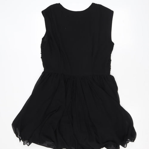 River Island Womens Black Geometric Polyester Skater Dress Size 16 Scoop Neck Zip - Sequins