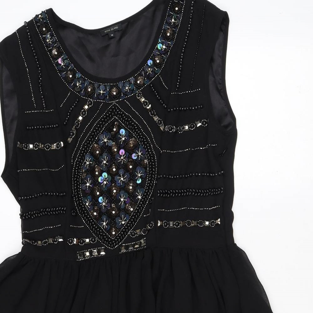 River Island Womens Black Geometric Polyester Skater Dress Size 16 Scoop Neck Zip - Sequins