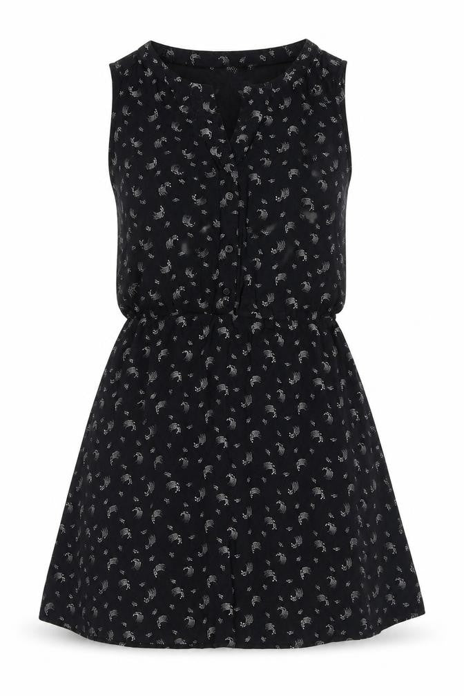 Front view of & Other Stories women’s black geometric viscose mini, size UK 8, v-neck button