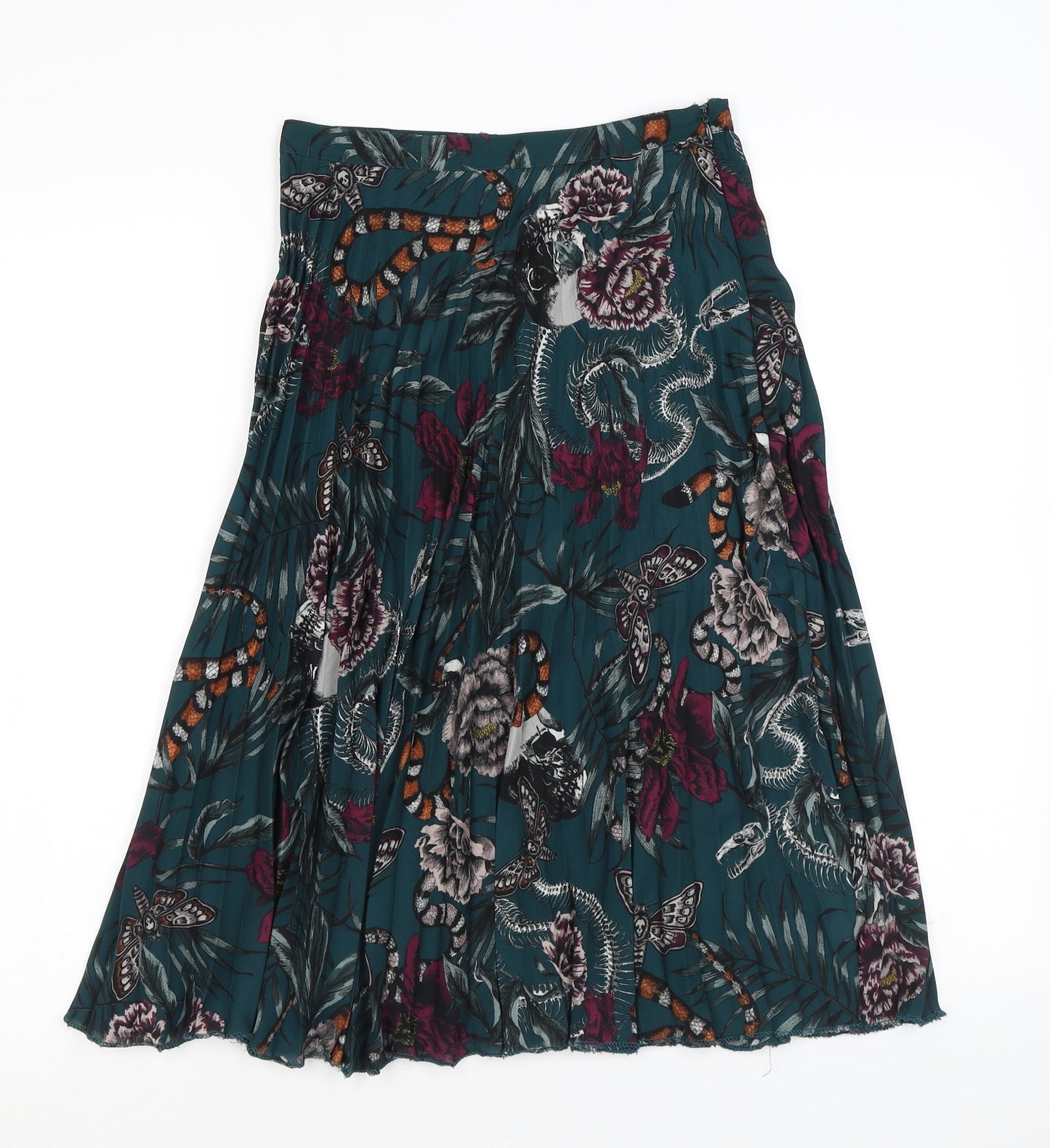 H&M Womens Green Floral Polyester Pleated Skirt Size 8 Zip - Butterfly