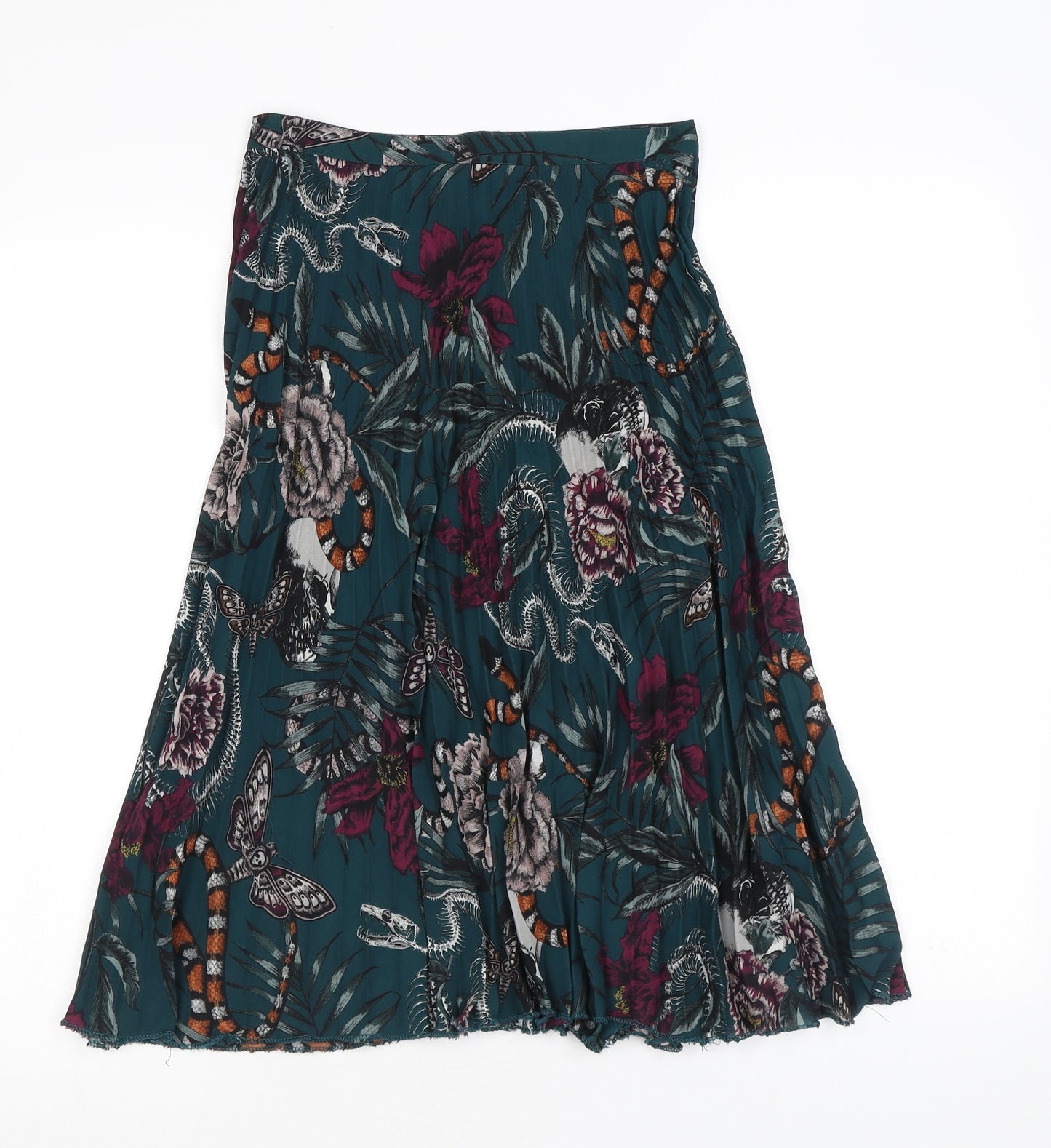 H&M Womens Green Floral Polyester Pleated Skirt Size 8 Zip - Butterfly