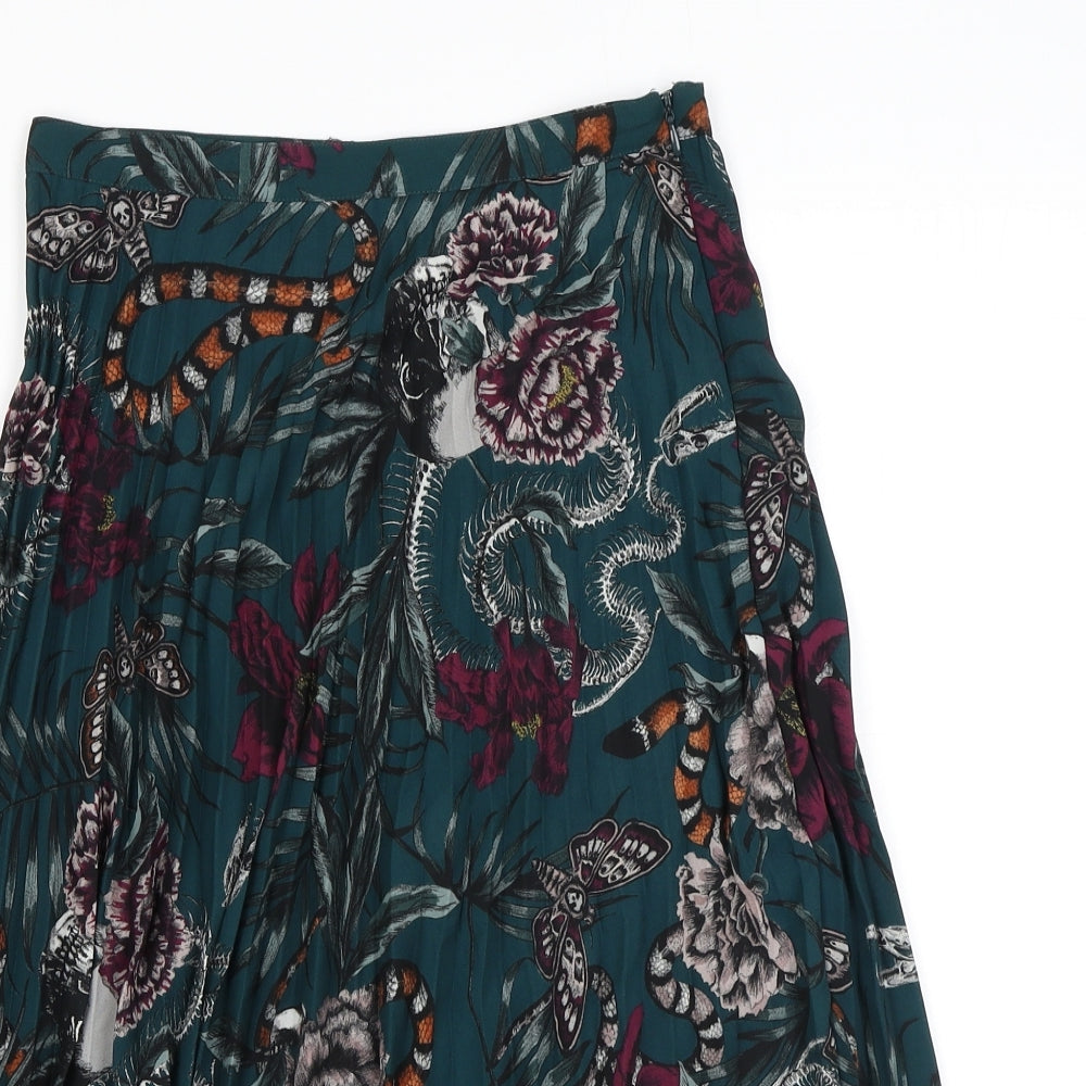 H&M Womens Green Floral Polyester Pleated Skirt Size 8 Zip - Butterfly