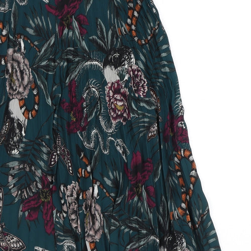 H&M Womens Green Floral Polyester Pleated Skirt Size 8 Zip - Butterfly