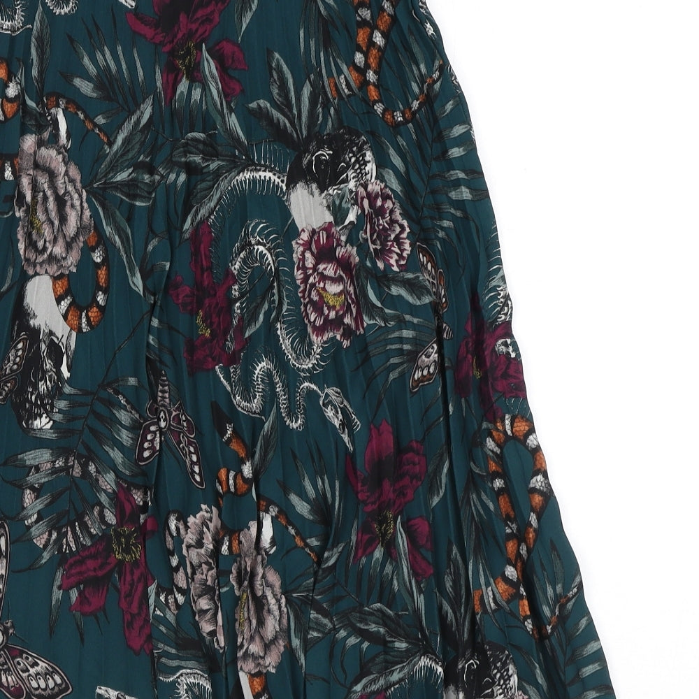 H&M Womens Green Floral Polyester Pleated Skirt Size 8 Zip - Butterfly