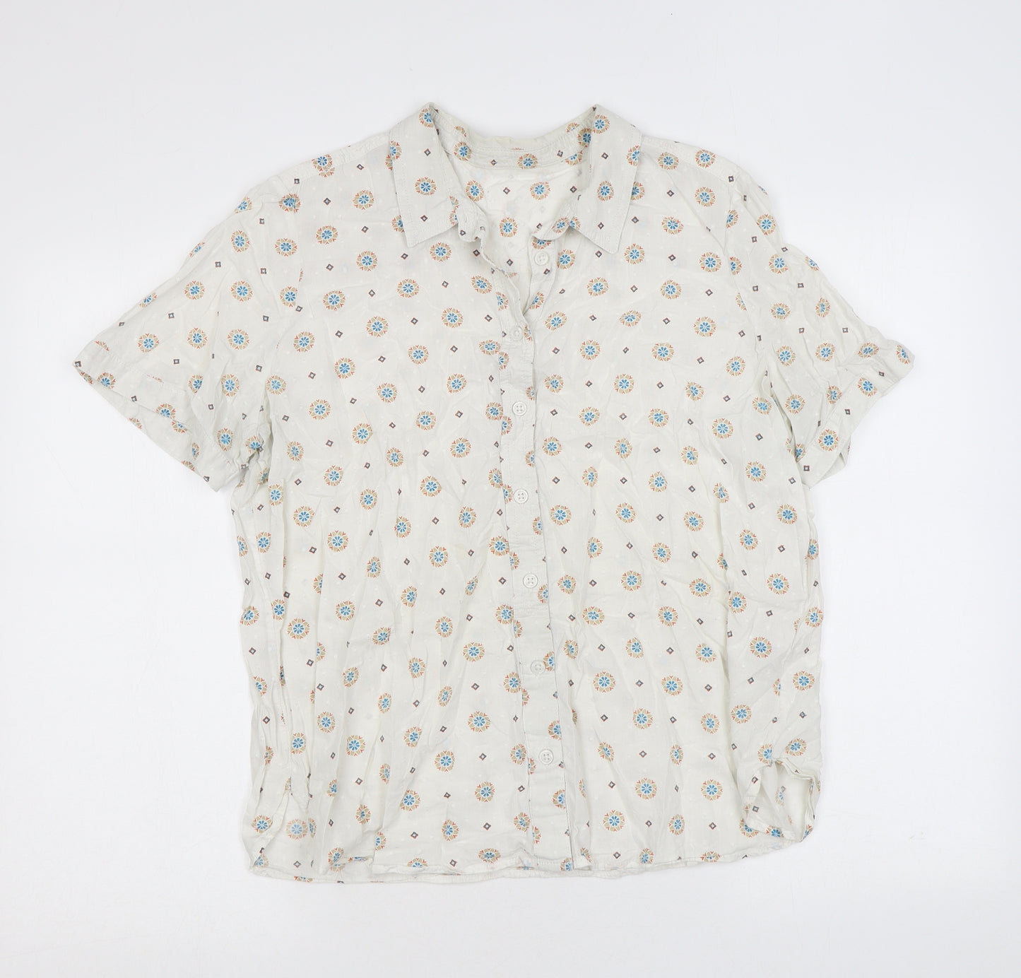 Marks and Spencer Womens Ivory Geometric Cotton Basic Button-Up Size 16 Collared