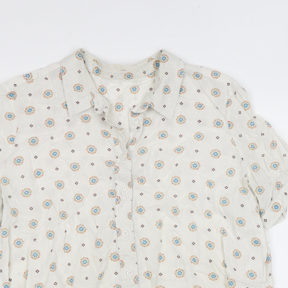 Marks and Spencer Womens Ivory Geometric Cotton Basic Button-Up Size 16 Collared